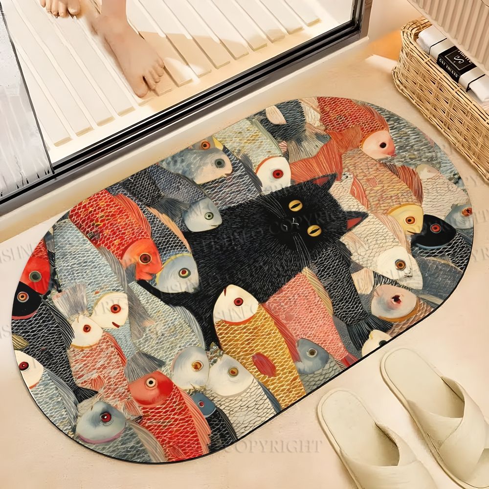 Japanese Black Cat Koi Fish Printed Bath Mat