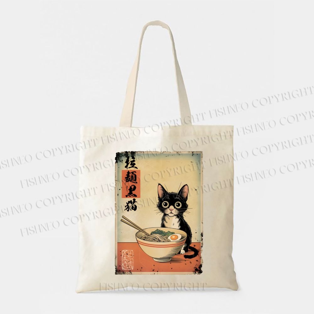 Ramen Black Cat Printed Tote Bag