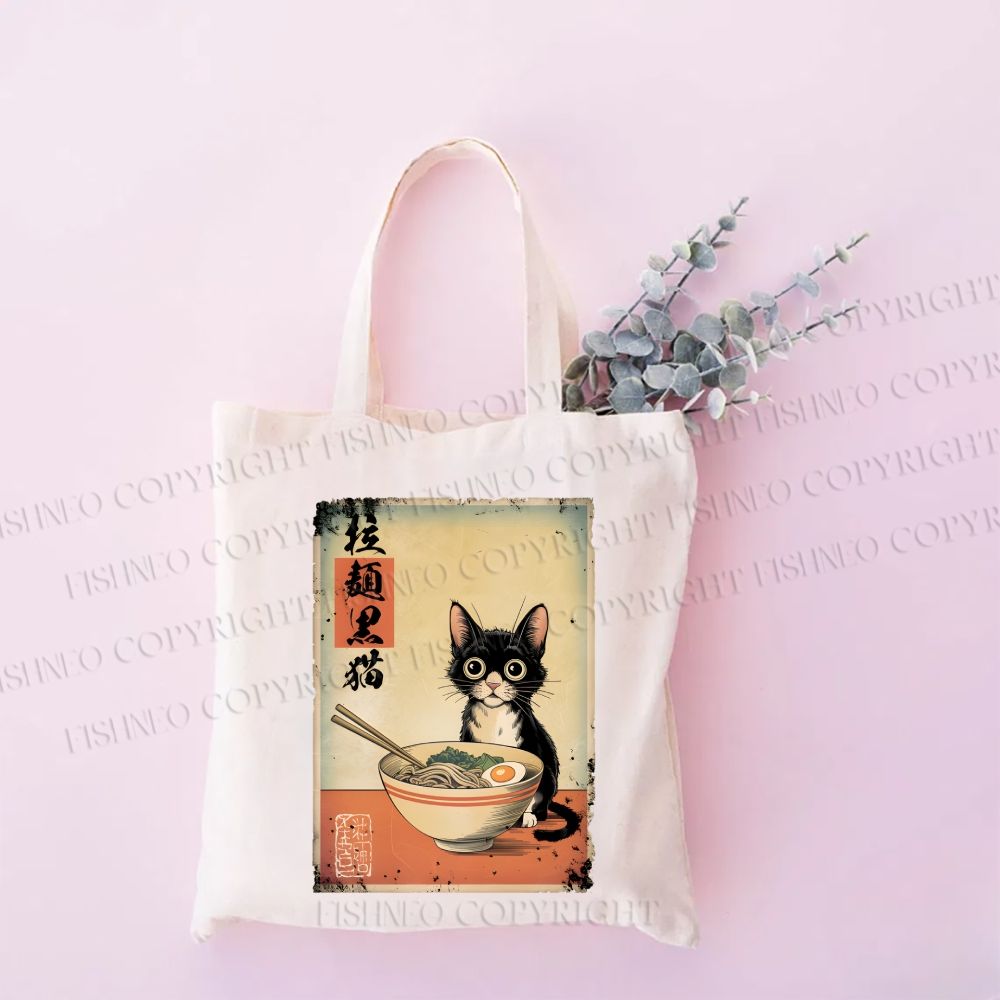 Ramen Black Cat Printed Tote Bag
