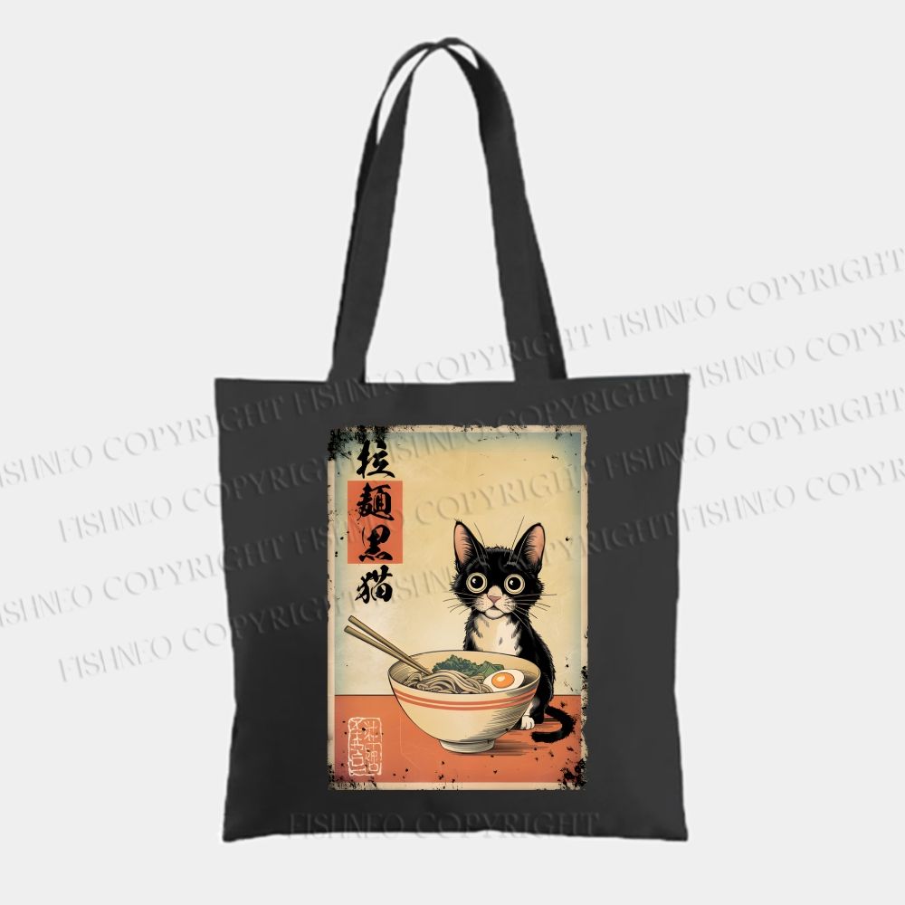 Ramen Black Cat Printed Tote Bag