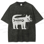 Unisex Black Cat Have a Fish Inside Printed Washed Tee
