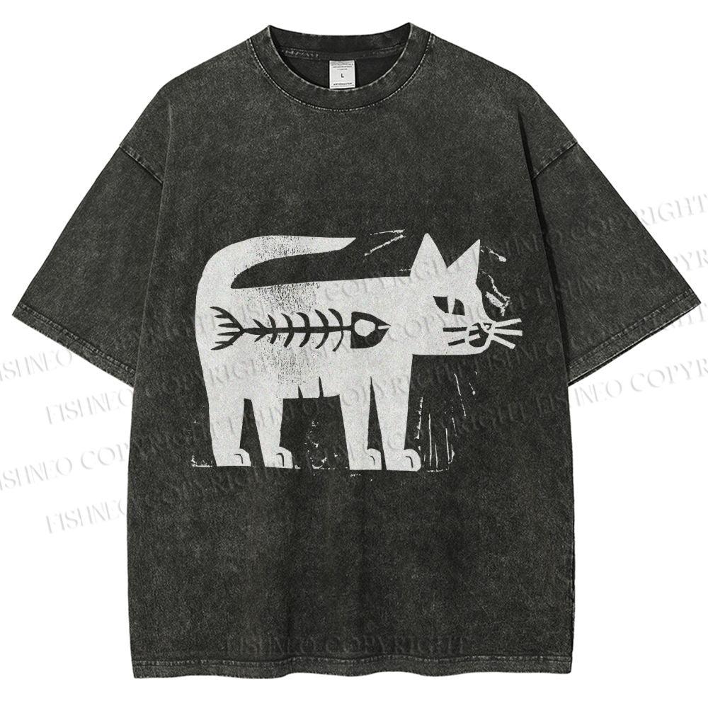 Unisex Black Cat Have a Fish Inside Printed Washed Tee