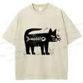 Unisex Black Cat Have a Fish Inside Printed Washed Tee