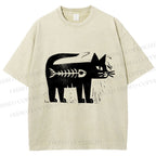 Unisex Black Cat Have a Fish Inside Printed Washed Tee