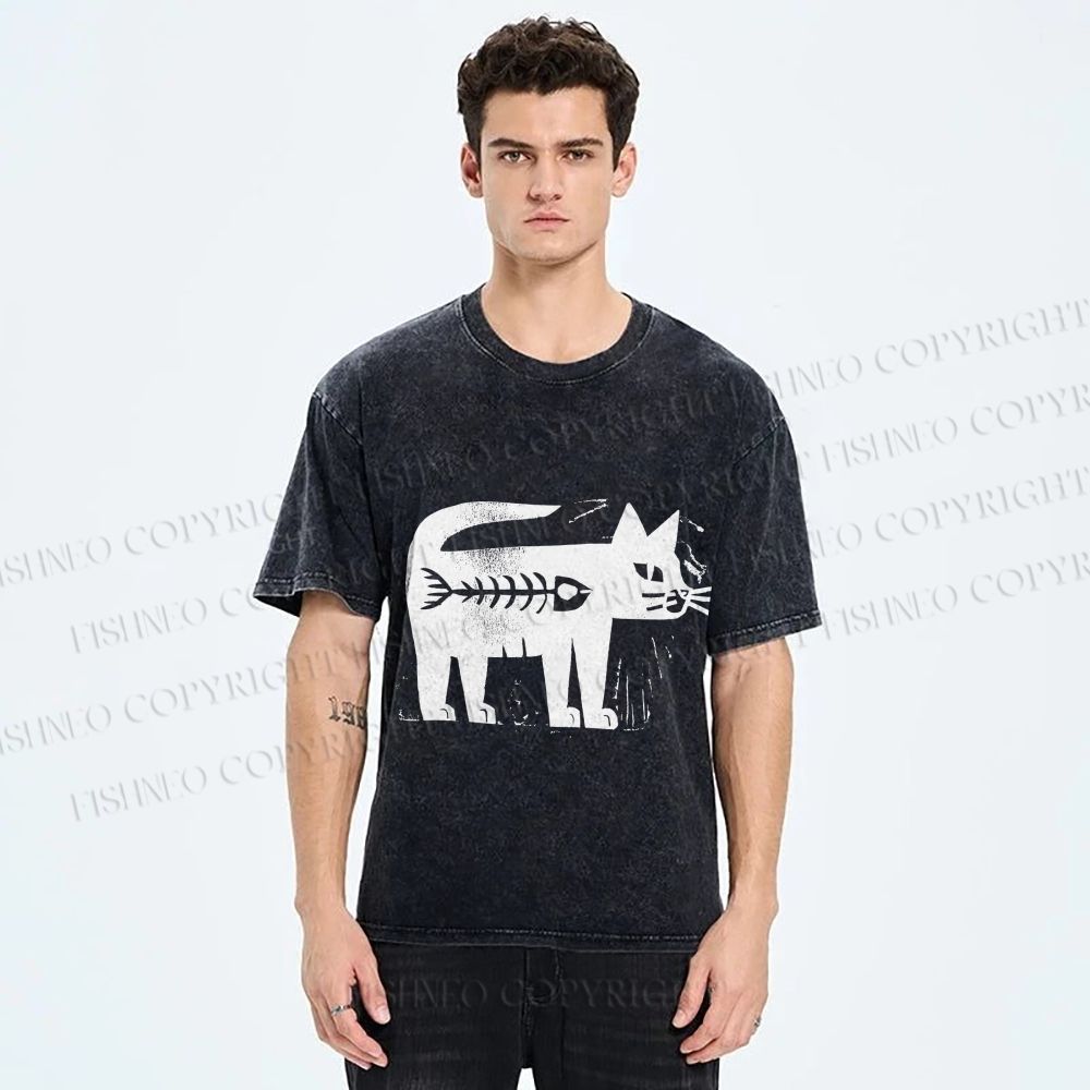 Unisex Black Cat Have a Fish Inside Printed Washed Tee