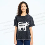 Unisex Black Cat Have a Fish Inside Printed Washed Tee