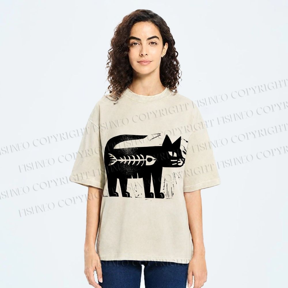 Unisex Black Cat Have a Fish Inside Printed Washed Tee