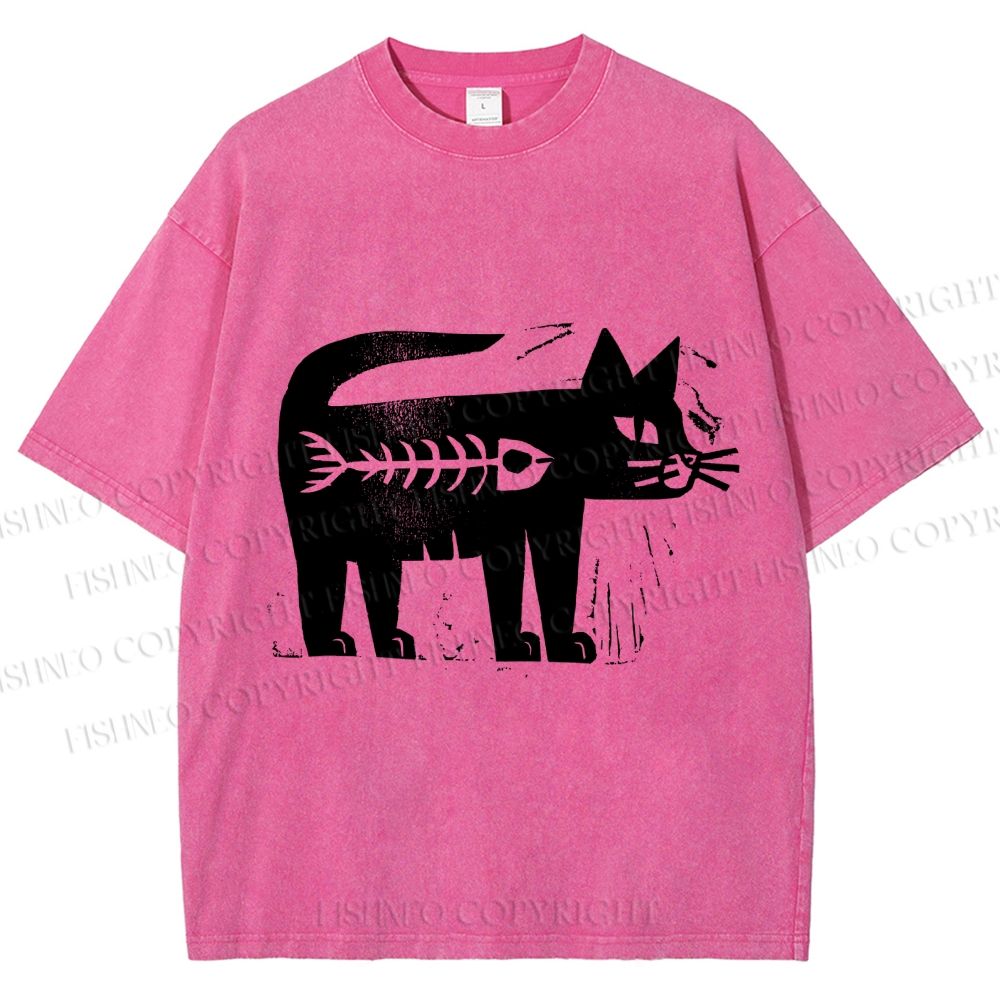 Unisex Black Cat Have a Fish Inside Printed Washed Tee