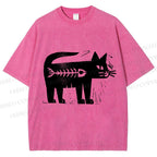 Unisex Black Cat Have a Fish Inside Printed Washed Tee