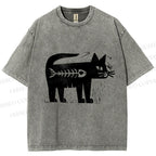 Unisex Black Cat Have a Fish Inside Printed Washed Tee