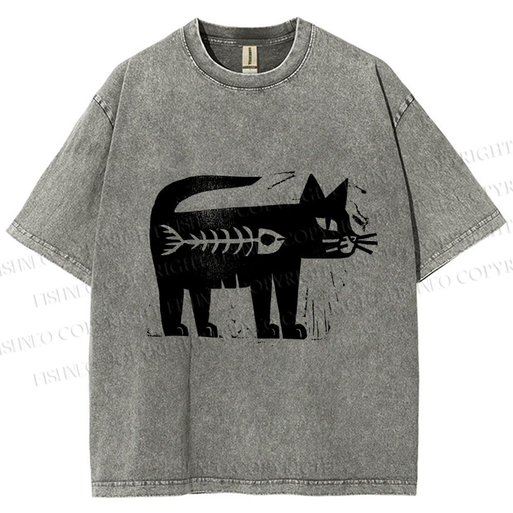Unisex Black Cat Have a Fish Inside Printed Washed Tee