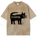 Unisex Black Cat Have a Fish Inside Printed Washed Tee