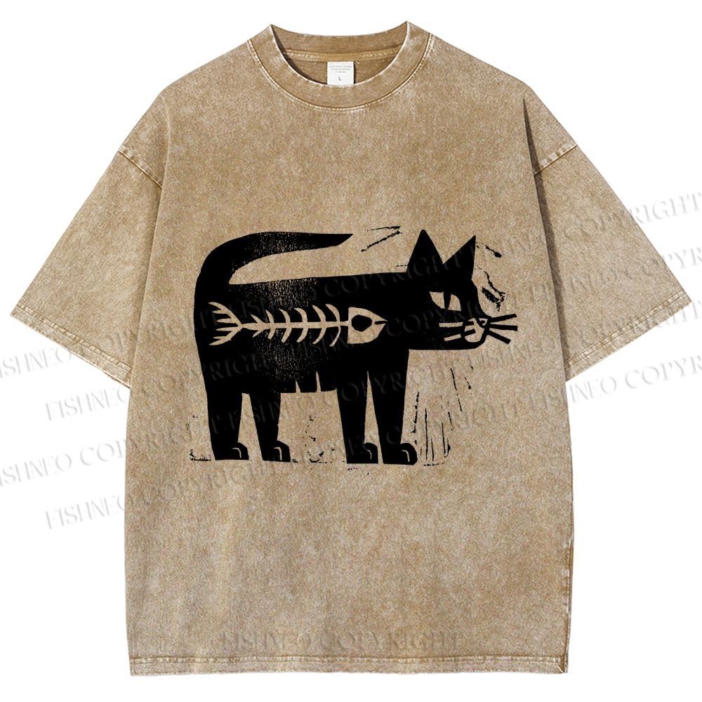 Unisex Black Cat Have a Fish Inside Printed Washed Tee
