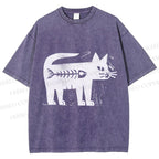 Unisex Black Cat Have a Fish Inside Printed Washed Tee