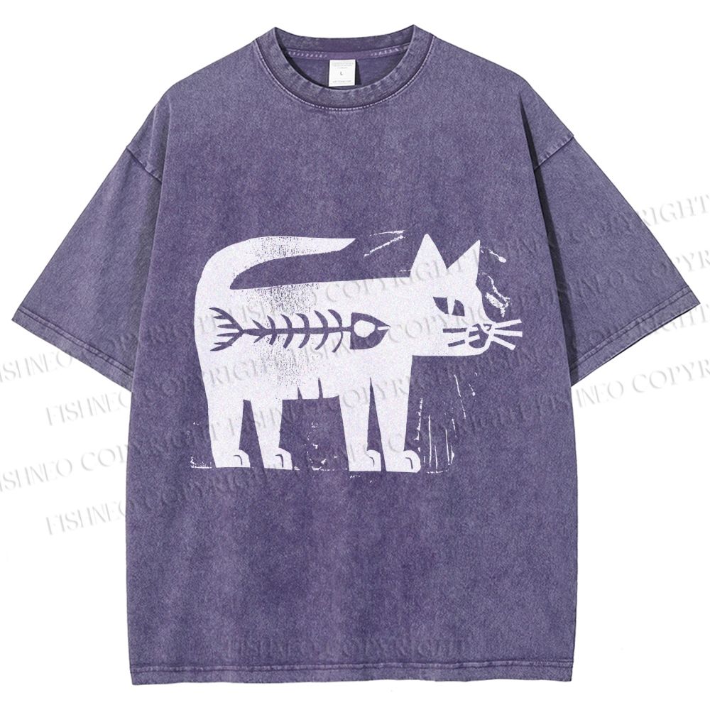 Unisex Black Cat Have a Fish Inside Printed Washed Tee