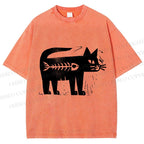 Unisex Black Cat Have a Fish Inside Printed Washed Tee