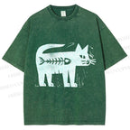 Unisex Black Cat Have a Fish Inside Printed Washed Tee