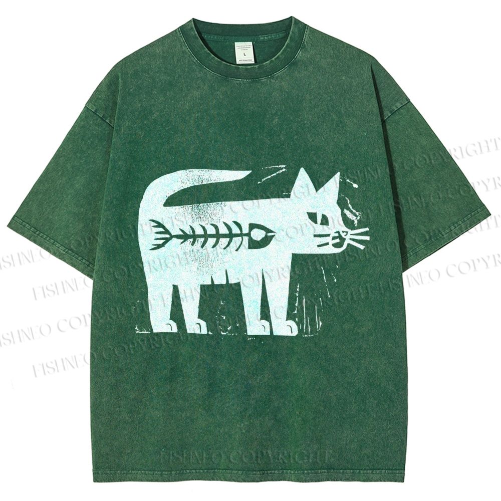 Unisex Black Cat Have a Fish Inside Printed Washed Tee