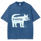 Unisex Black Cat Have a Fish Inside Printed Washed Tee
