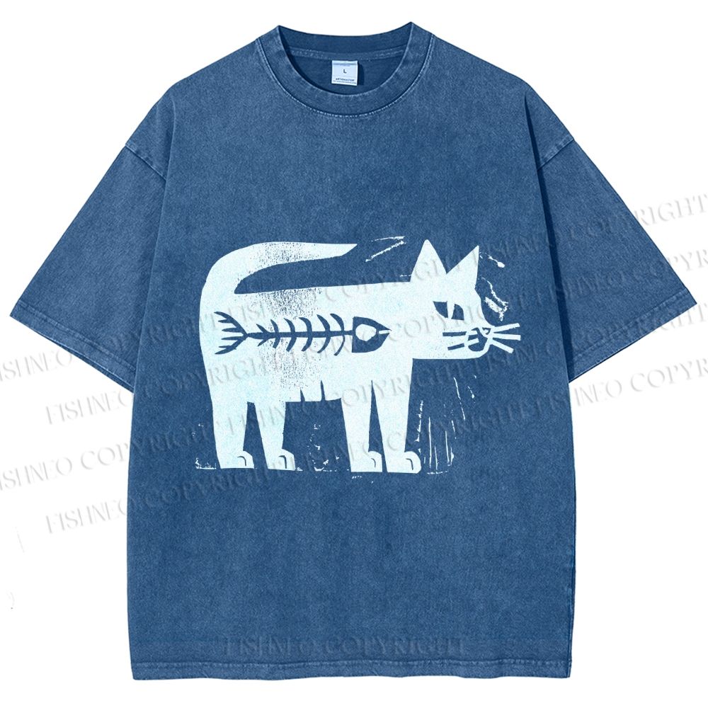 Unisex Black Cat Have a Fish Inside Printed Washed Tee
