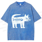 Unisex Black Cat Have a Fish Inside Printed Washed Tee