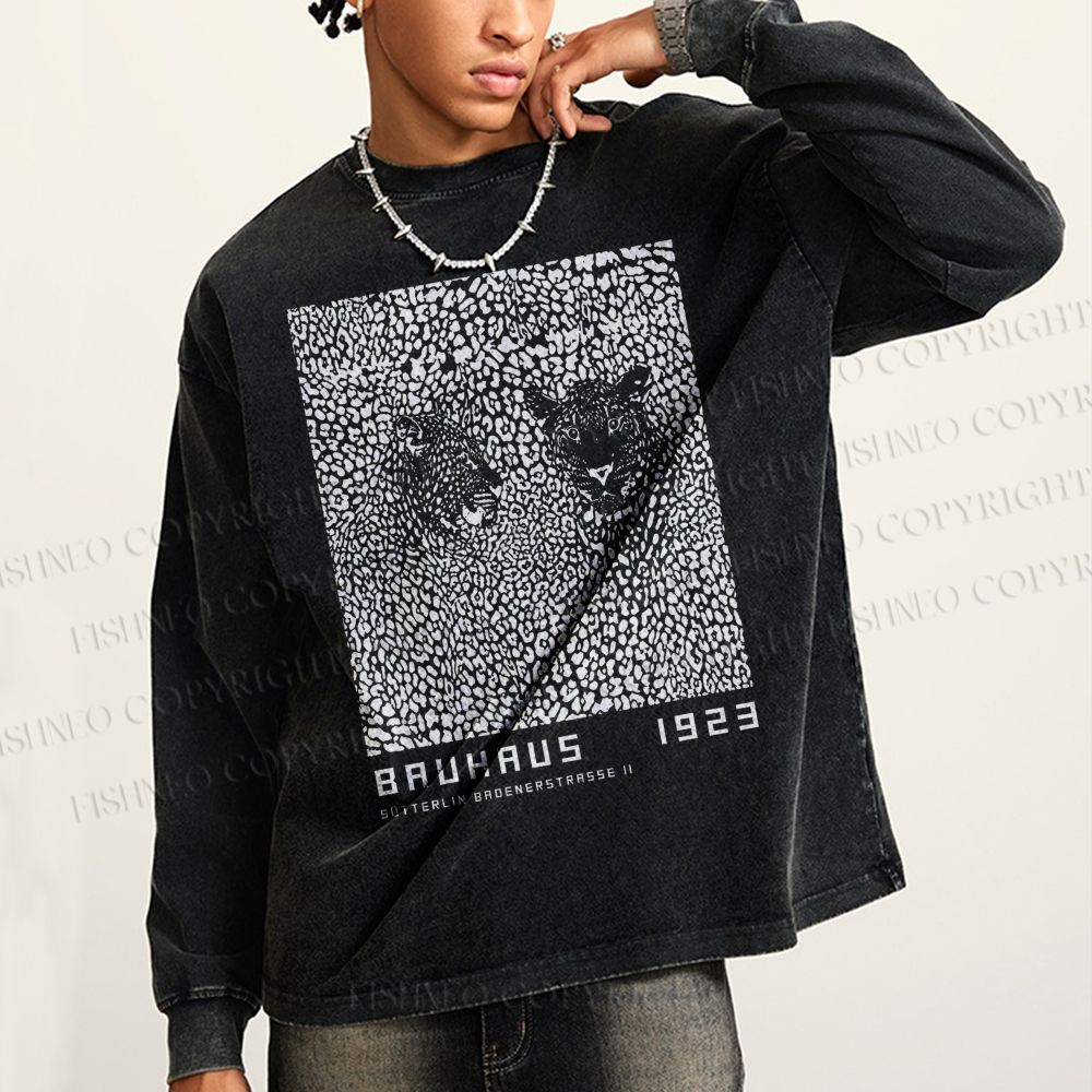 Unisex Casual Washed Bauhaus Style Leopard Printed Long Sleeve T-shirt