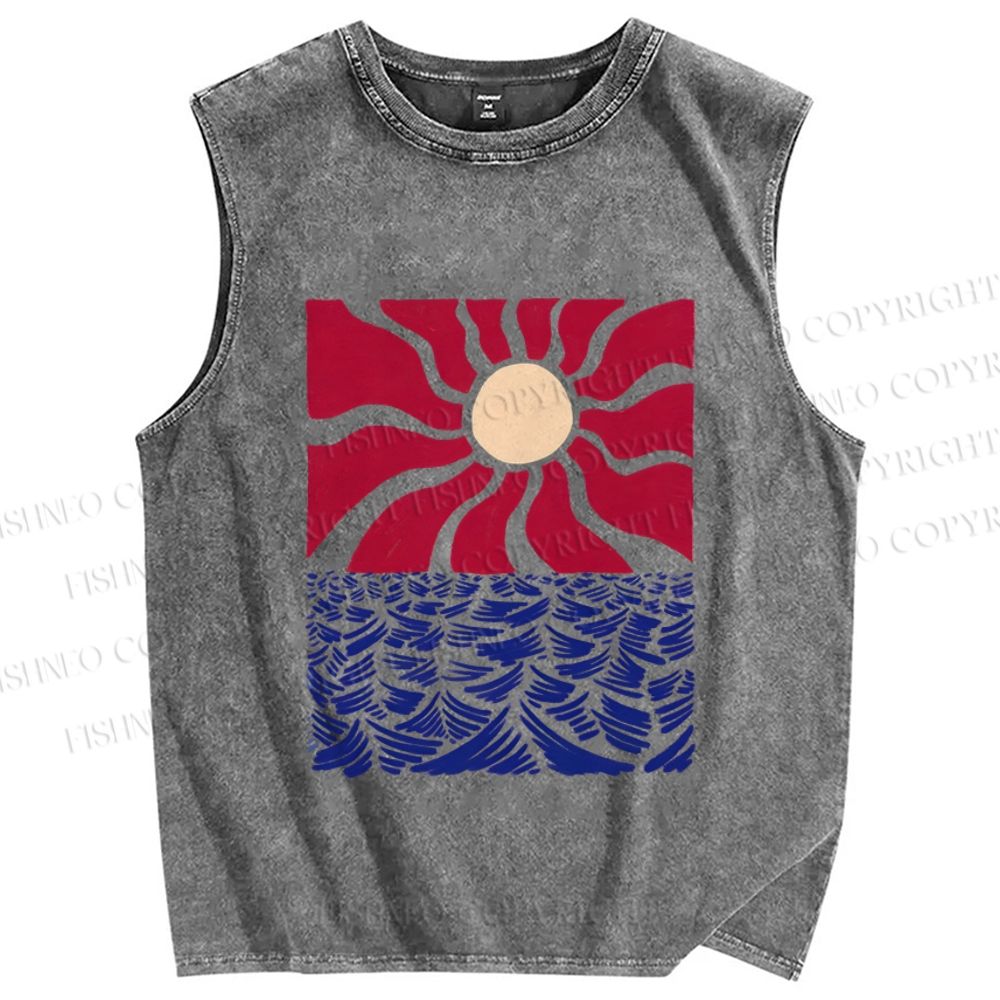 Unisex Art Ocean Sun Printed Washed Tank Top