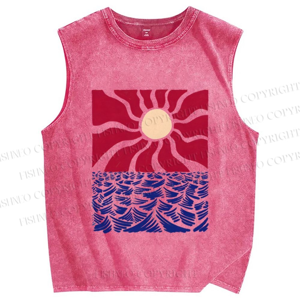 Unisex Art Ocean Sun Printed Washed Tank Top