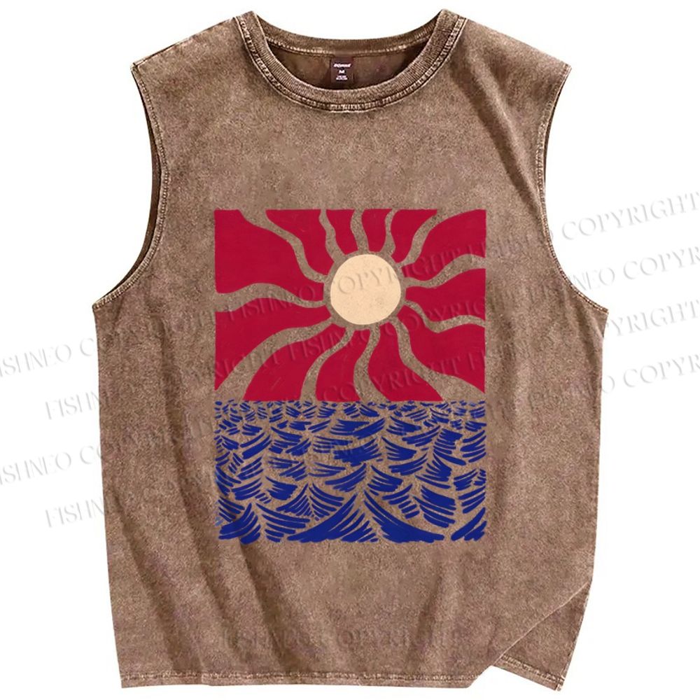 Unisex Art Ocean Sun Printed Washed Tank Top