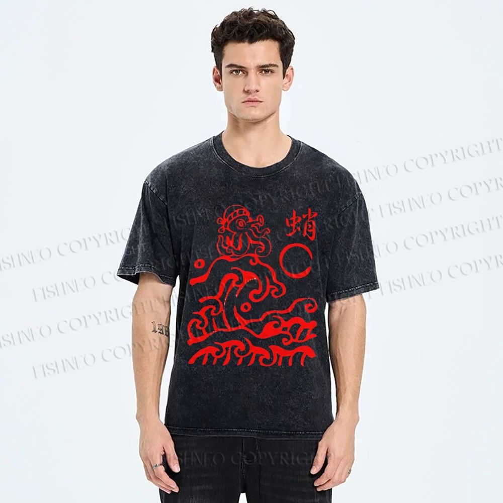 Unisex Waves Octopus Printed Washed Tee
