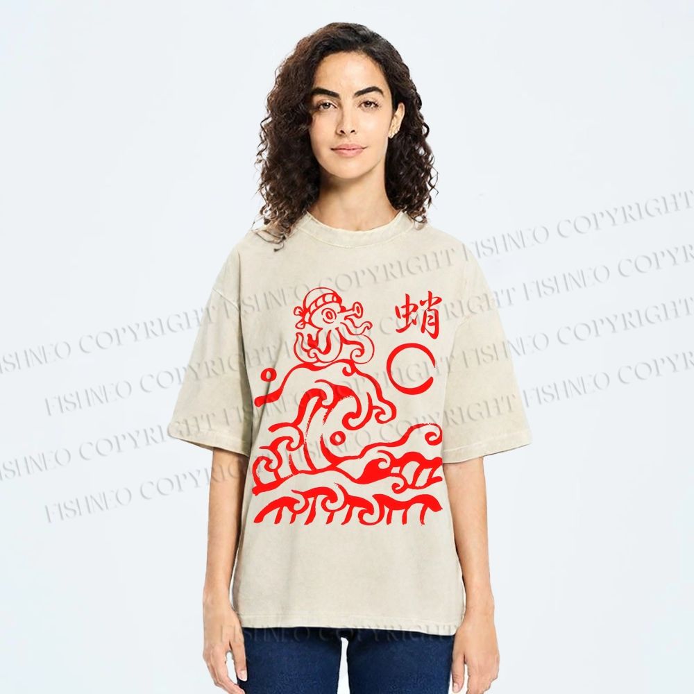 Unisex Waves Octopus Printed Washed Tee