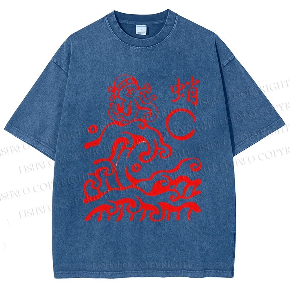 Unisex Waves Octopus Printed Washed Tee