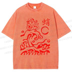 Unisex Waves Octopus Printed Washed Tee