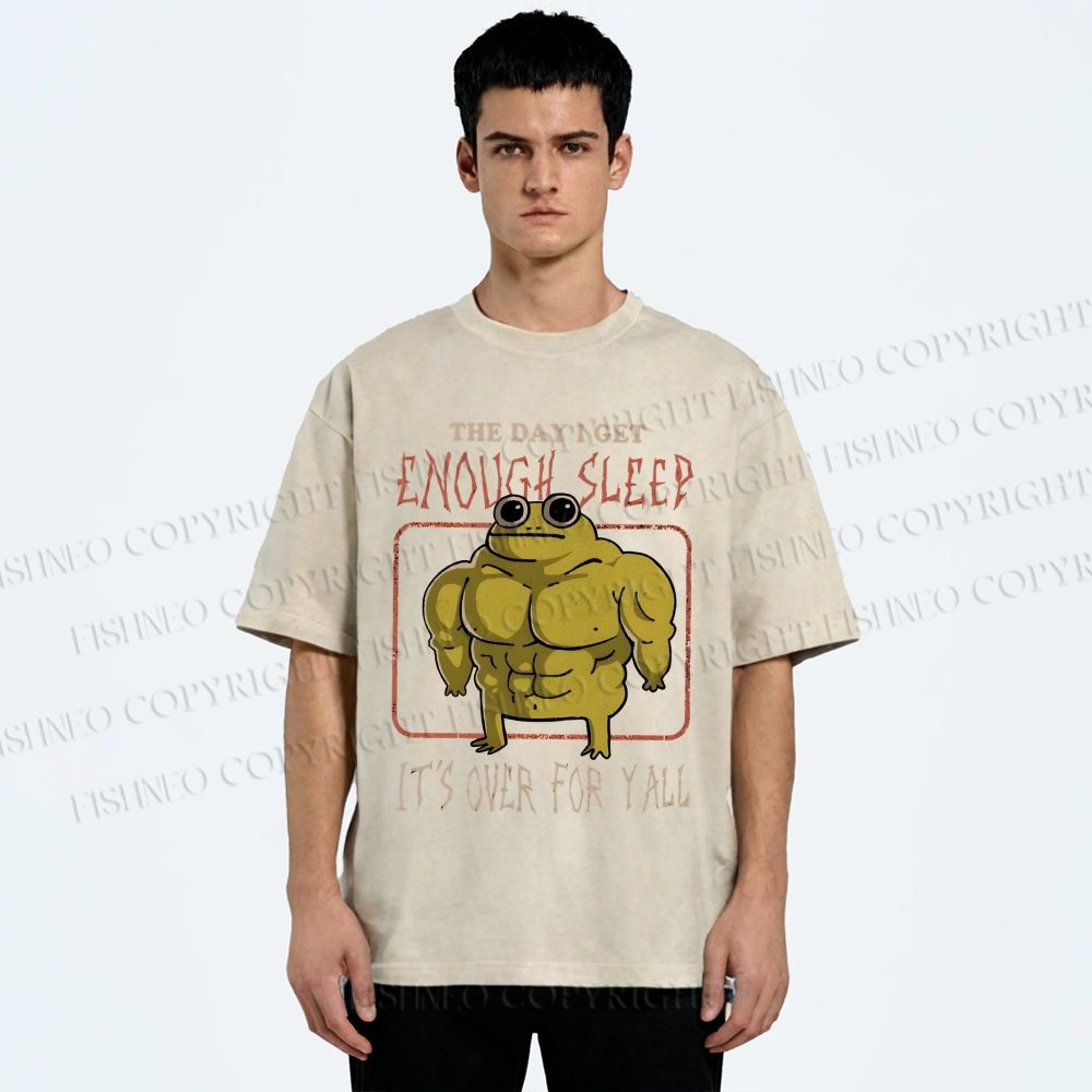 Unisex Muscle Frog Printed Washed Tee