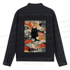 Vintage Japanese Black Cat Koi Fish Printed Denim Jacket