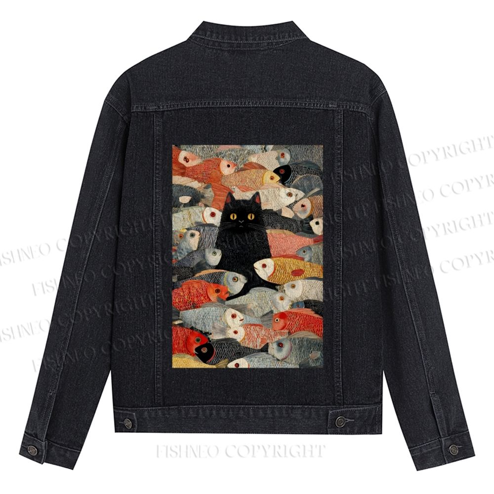 Vintage Japanese Black Cat Koi Fish Printed Denim Jacket