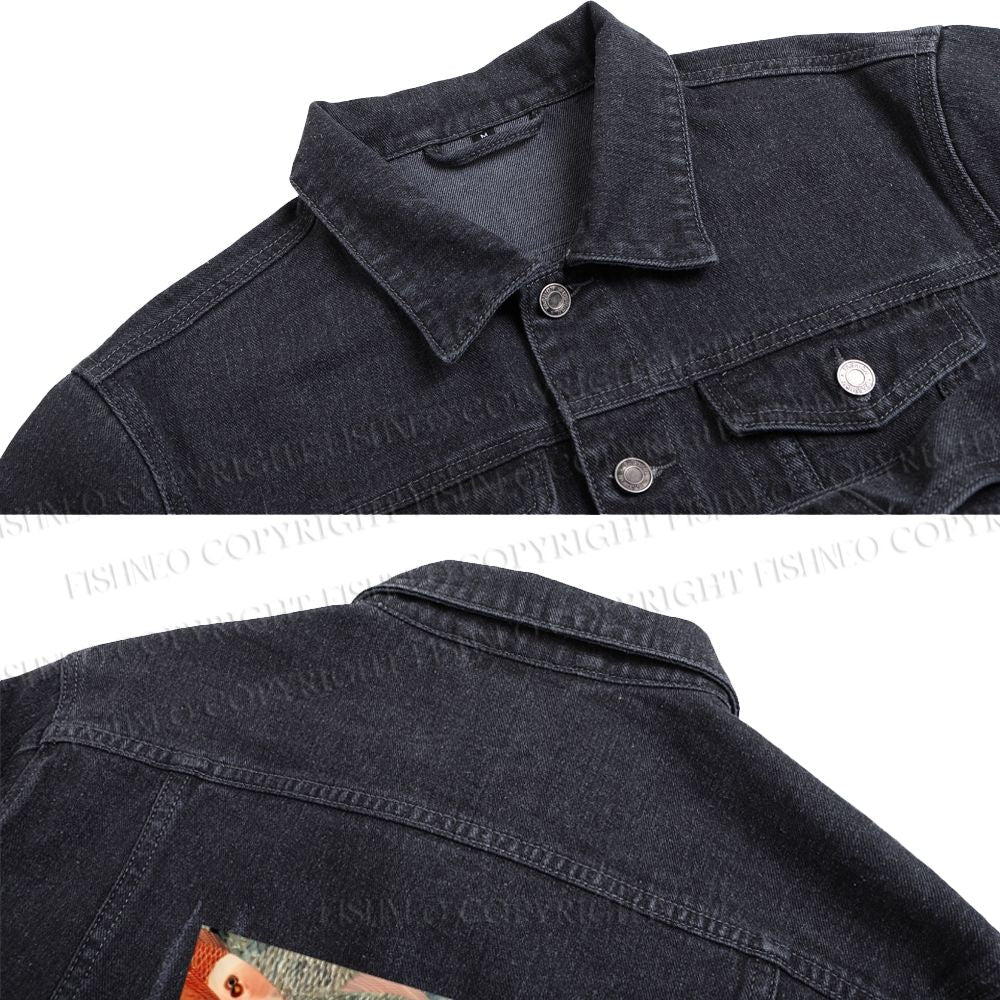Vintage Japanese Black Cat Koi Fish Printed Denim Jacket
