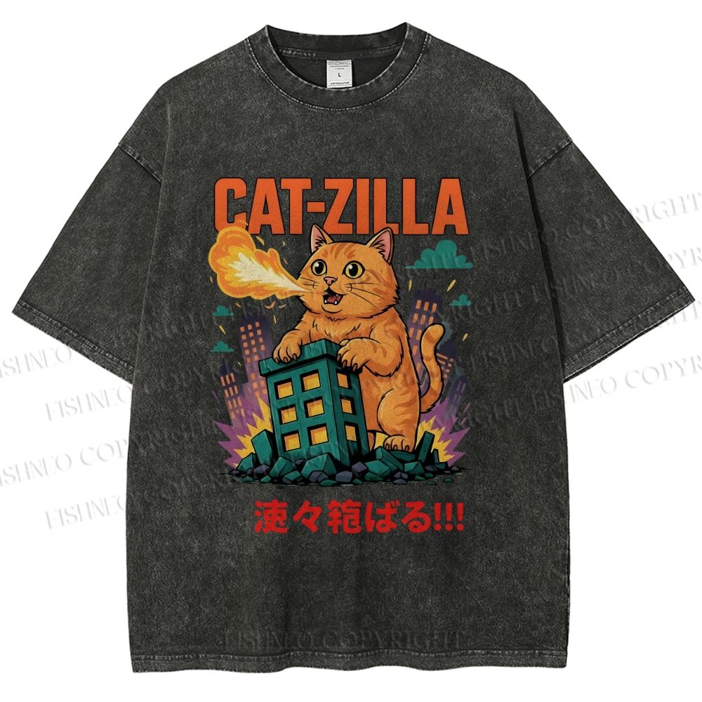 Unisex Catzilla Printed Washed Tee