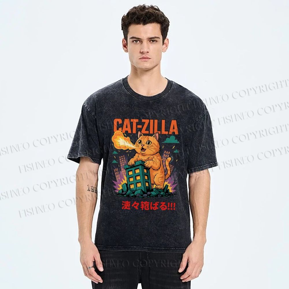 Unisex Catzilla Printed Washed Tee