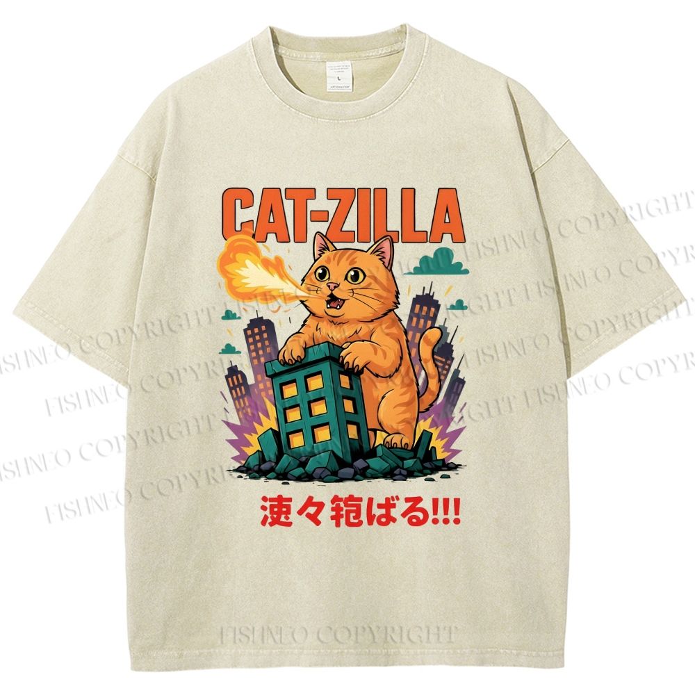 Unisex Catzilla Printed Washed Tee