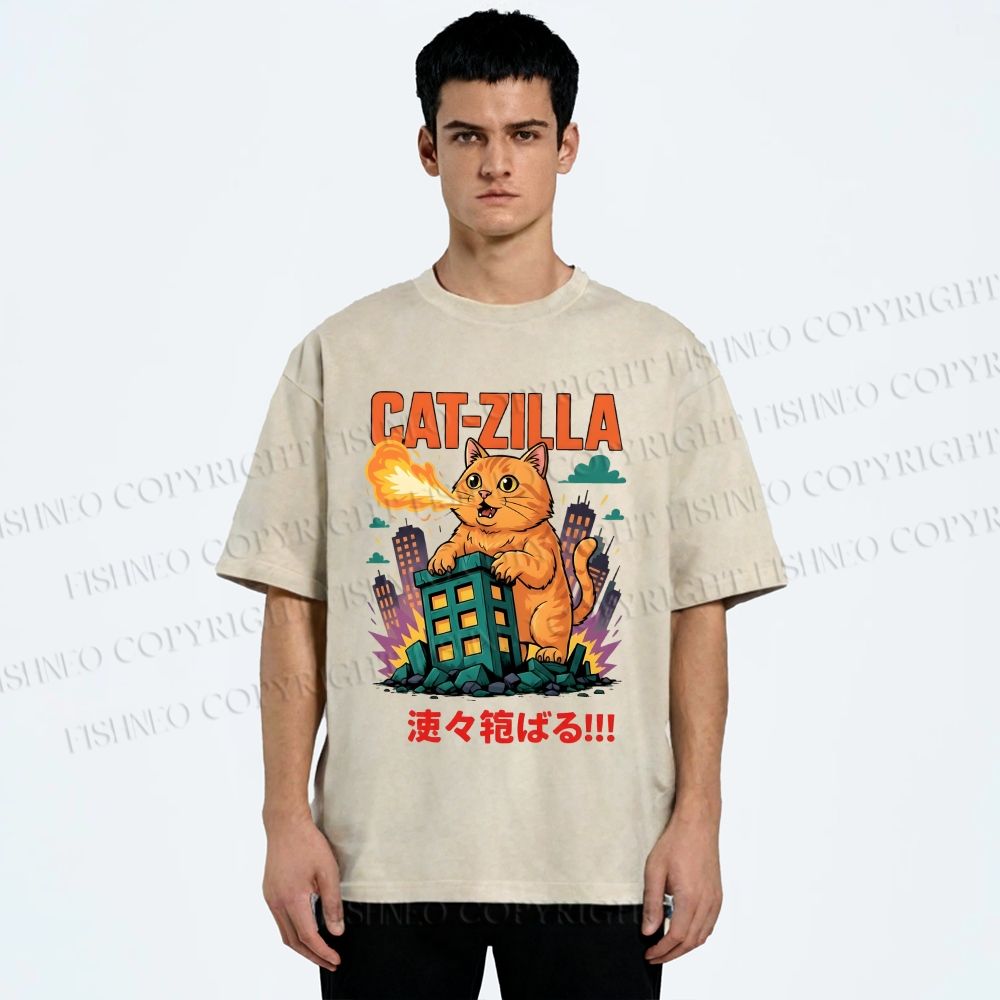 Unisex Catzilla Printed Washed Tee