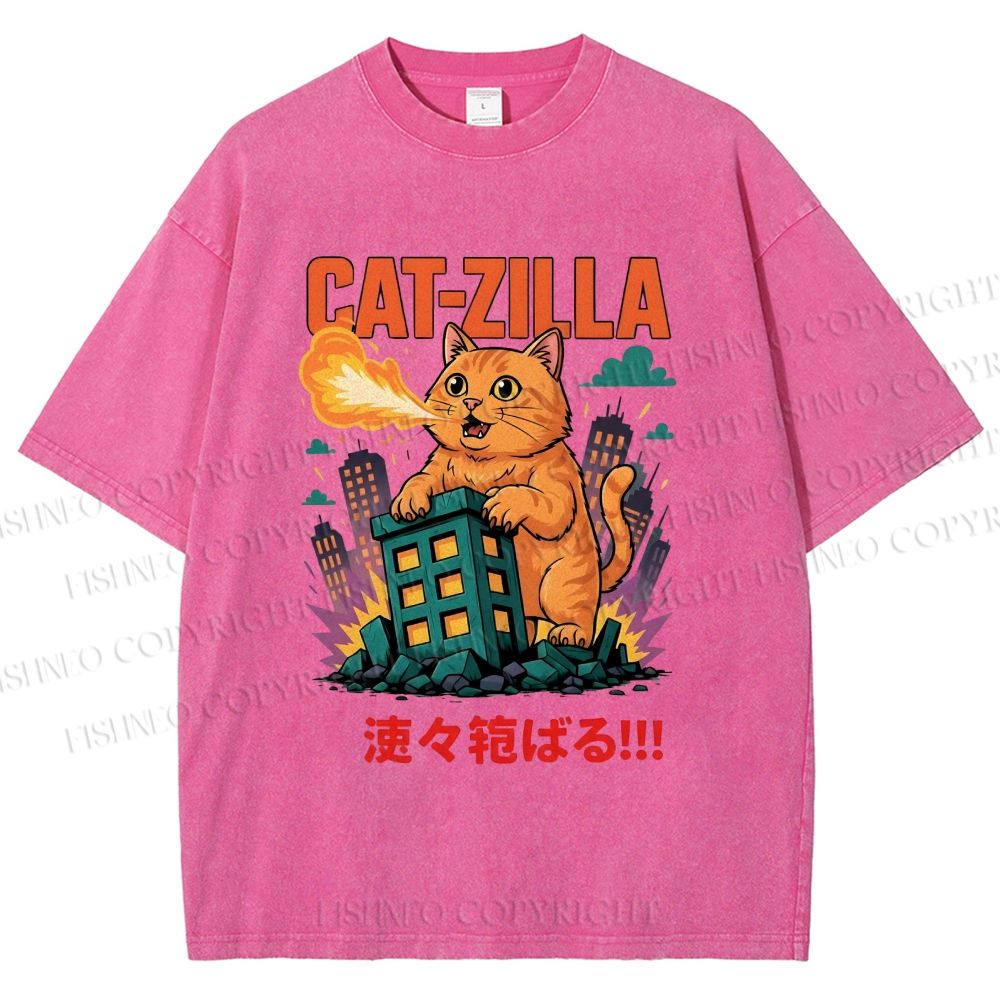 Unisex Catzilla Printed Washed Tee