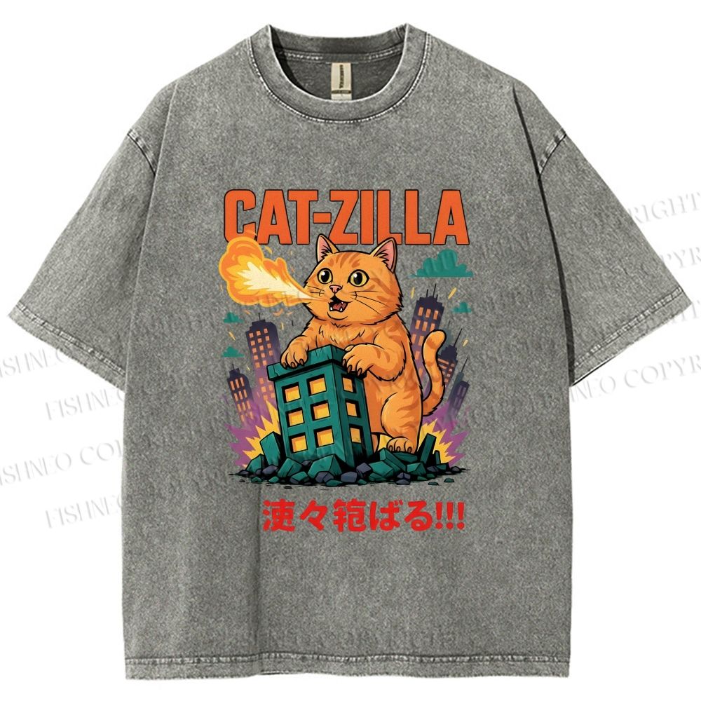Unisex Catzilla Printed Washed Tee