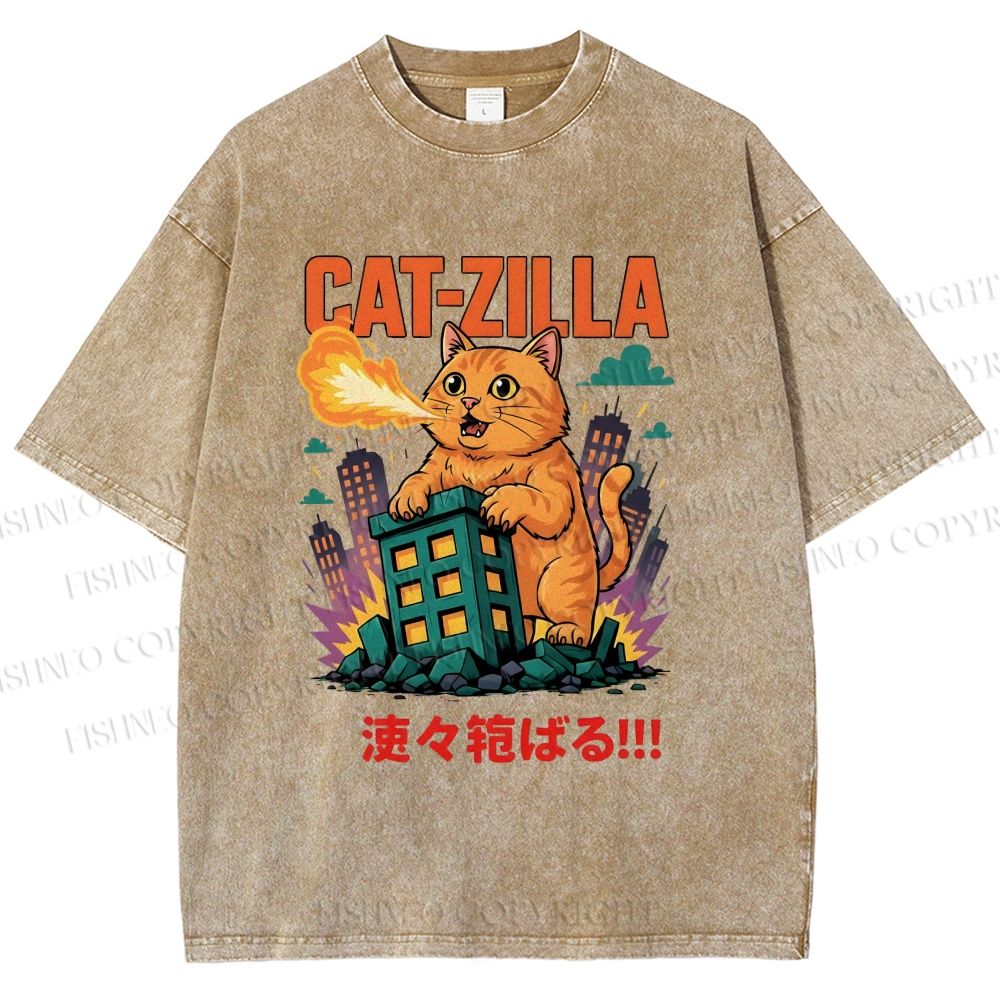 Unisex Catzilla Printed Washed Tee