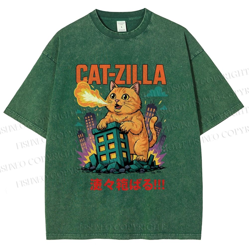 Unisex Catzilla Printed Washed Tee