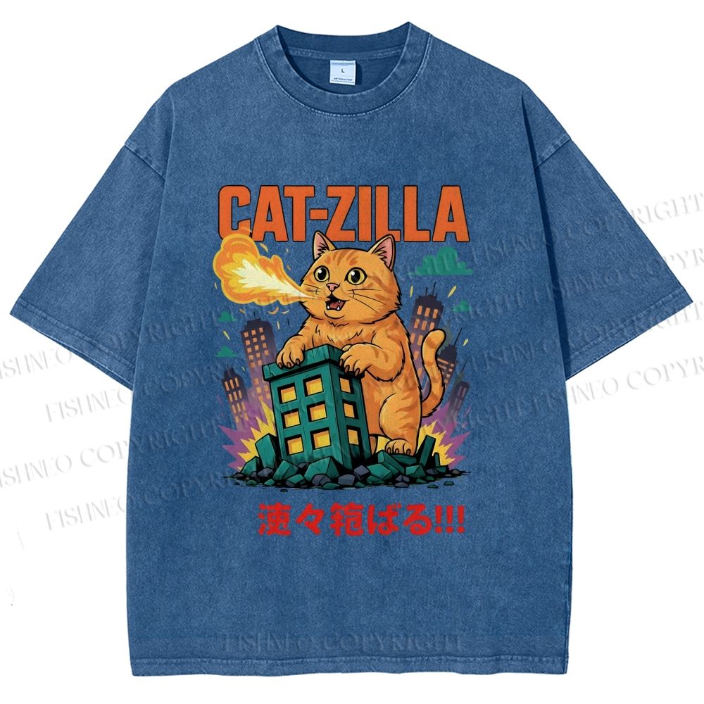 Unisex Catzilla Printed Washed Tee