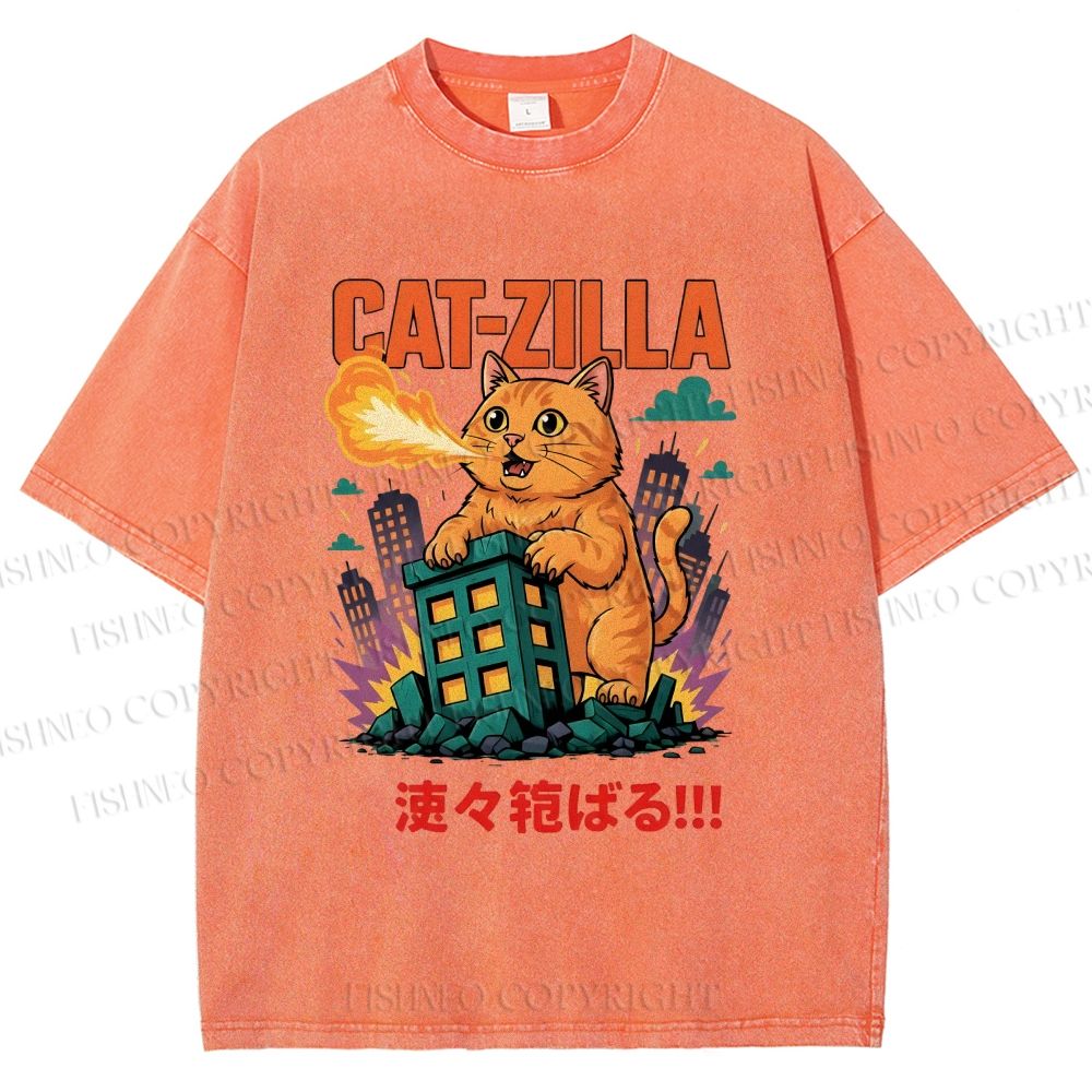 Unisex Catzilla Printed Washed Tee