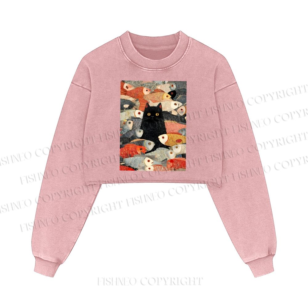Vintage Japanese Black Cat Koi Fish Washed Crop Sweatshirt