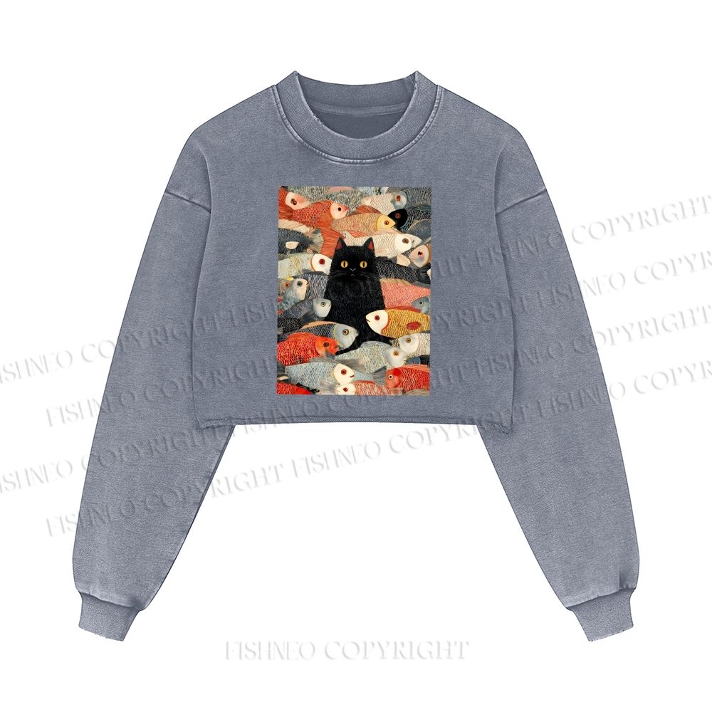 Vintage Japanese Black Cat Koi Fish Washed Crop Sweatshirt