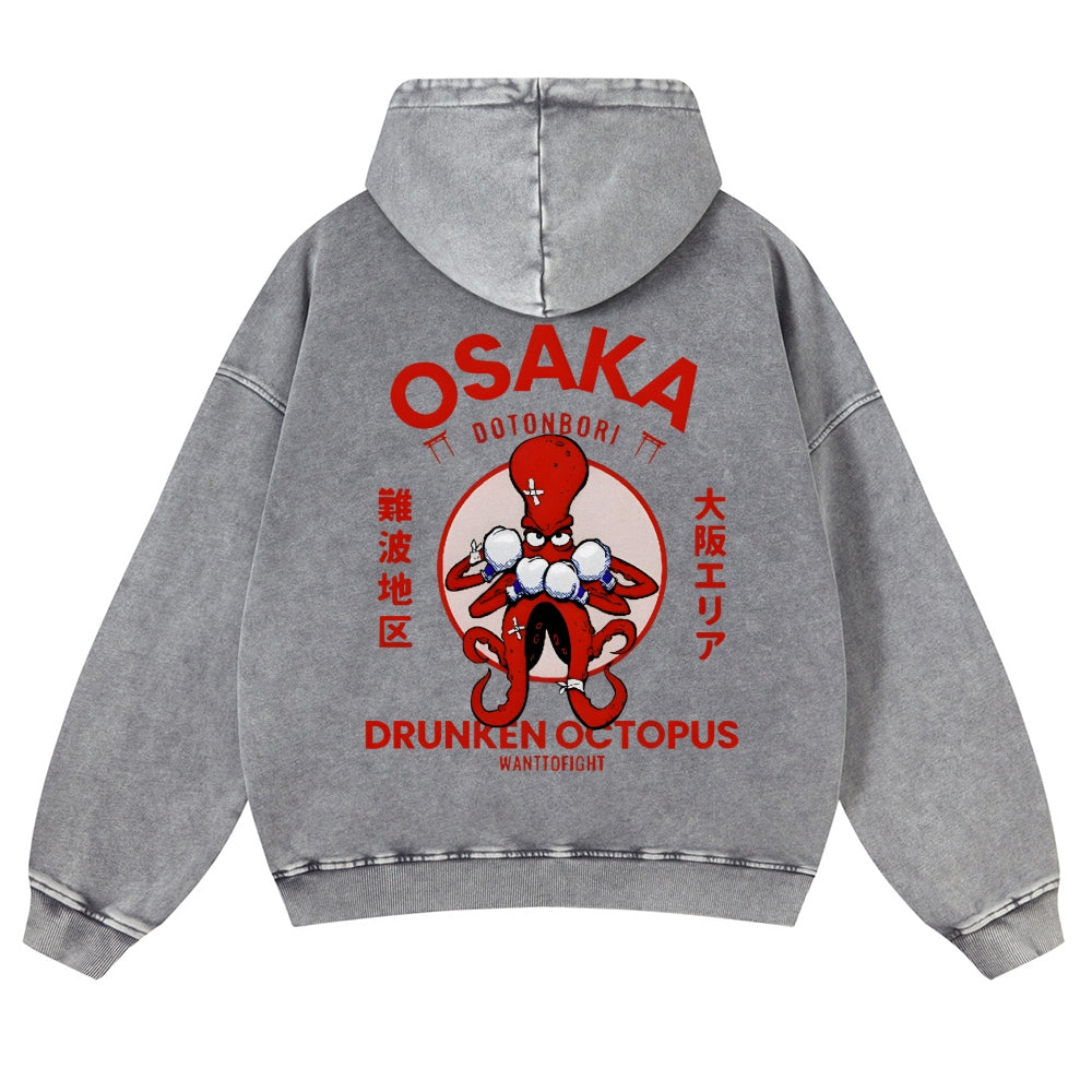 Osaka Drunken Octopus Vintage Washed Cotton Back Art Hoodie